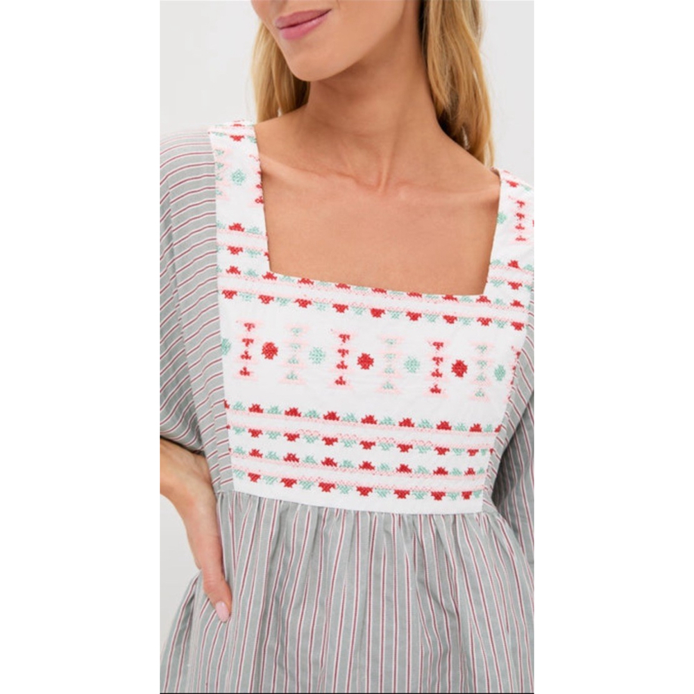 POMANDER PLACE Sage Stripe Embroidered Sadona Mini Dress Medium Cottage Prairie - Picture 4 of 11